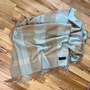 Hand Tailored Tan & Light Blue Plaid 100% Cashmere Scarf